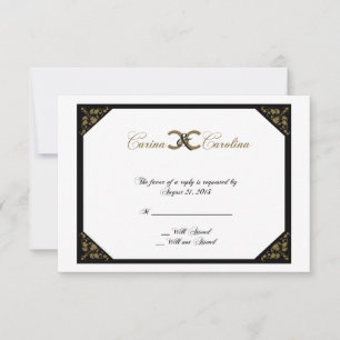 White Black and Gold Damask Sweet 16-reactiekaart RSVP Kaartje