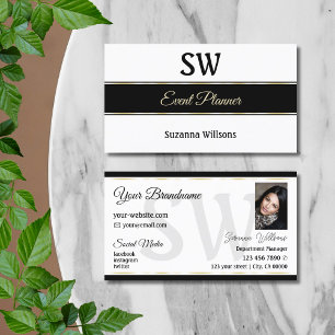 White Black and Gold Stripes met monogram en foto' Visitekaartje