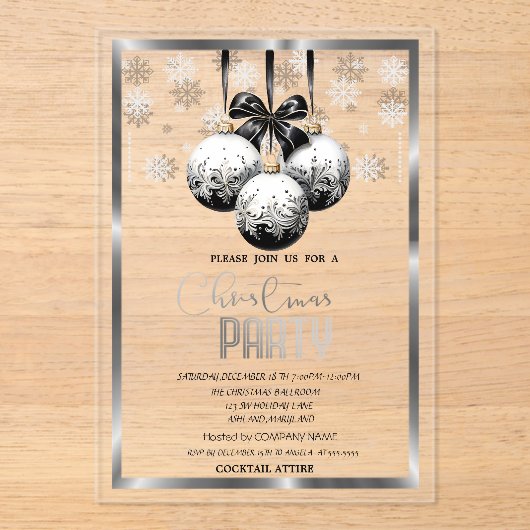 White Black Balls Snowflakes Company Christmas Acryl Uitnodigingen (Voorkant)