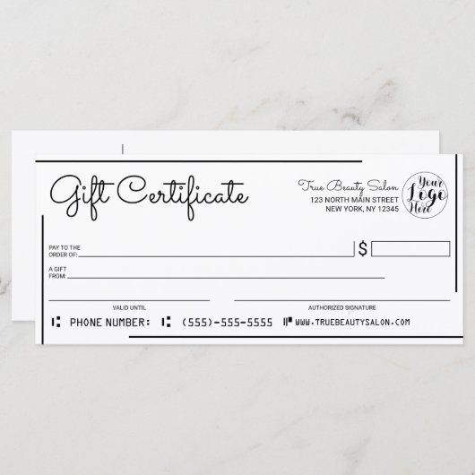 White Black Border Logo Check Cadeaubon (Voorkant / Achterkant)