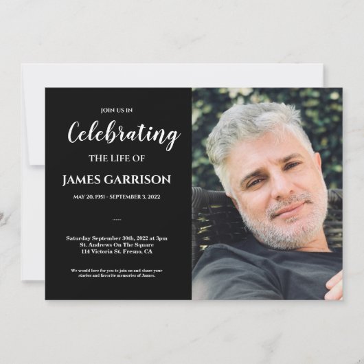 White Black Celebration of Life with Photo Funeral Kaart (Voorkant)