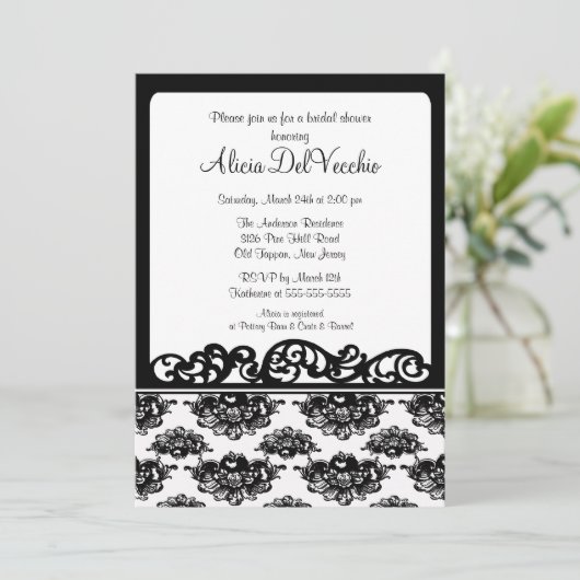 White & Black Damask Bridal Shower Invitation Kaart (Staand voorkant)