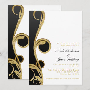 White Black Gold Chic Elegant Swirl Wedding Kaart