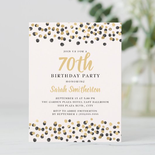 White Black Gold Confetti Glitter 70th Birthday Kaart