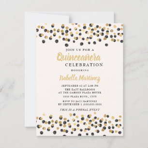 White Black Gold Confetti Glitter Quinceanera Kaart