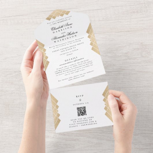 White Black Gold Gatsby QR CODE RSVP Weddenschap All In One Uitnodiging (Afscheurbaar)