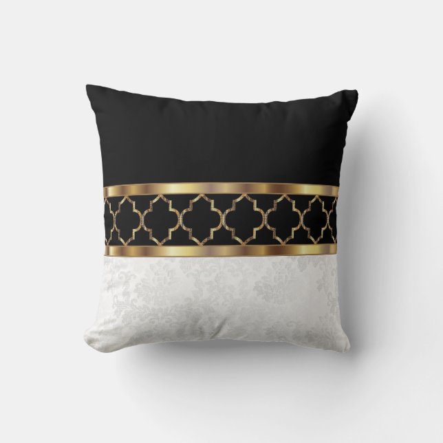 White, Black & Gold Quatrefoil & Damask Pattern2 Kussen (Voorkant)
