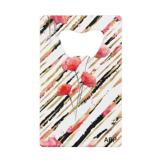 *~* White Black Gold Red Poppy Pattern Kredietkaart Flessenopener (Voorkant)