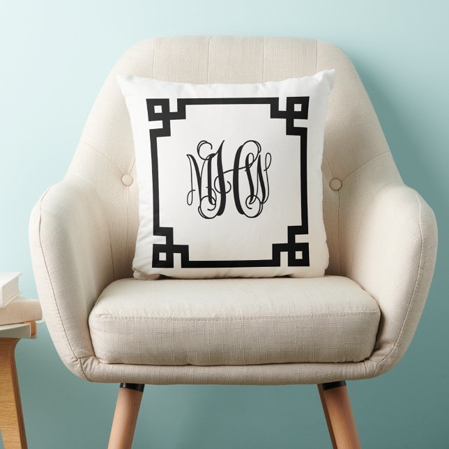 White Black Greek Key Vine Script Monogram DIY BG Kussen (Creator heeft geüpload)
