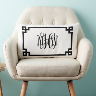 White Black Greek Key Vine Script Monogram DIY BG Kussen