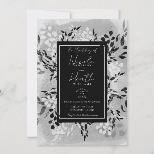 White Black Grey Modern Minimal Floral Wedding Kaart (Voorkant)