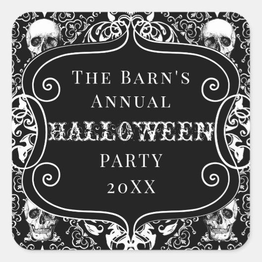 White Black Halloween Damask Skull Gothic Custom Vierkante Sticker (Voorkant)