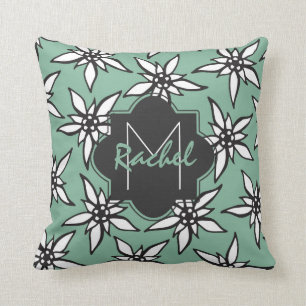 White & Black Hand Drawn Flowers op Blauwgroen mon Kussen