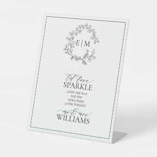 White Black Leafy Crest Monogram Let Love Sparkle Reclamebord Met Voetstuk