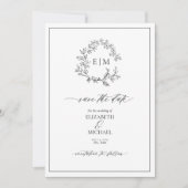 White Black Leafy Crest Monogram Save the Date Kaart (Voorkant)