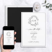 White Black Leafy Crest Monogram Save the Date Kaart