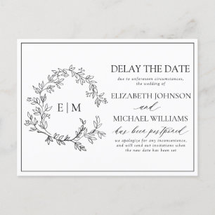 White Black Leafy Crest Monogram Vertraging Datum Uitnodiging Briefkaart