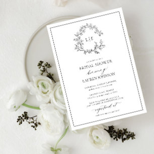 White Black Leafy Crest Monogram Vrijgezellenfeest Kaart