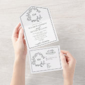 White Black Leafy Crest Monogram Weddenschap All In One Uitnodiging (Afscheurbaar)