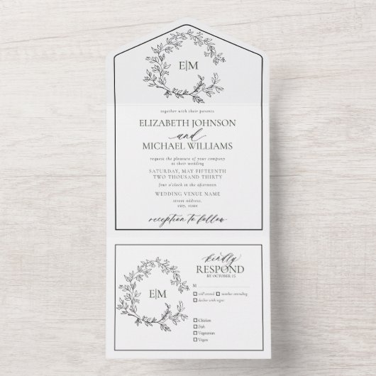 White Black Leafy Crest Monogram Weddenschap All In One Uitnodiging (Binnen)