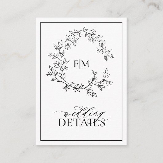 White Black Leafy Crest Monogram Weddenschap Detai Informatiekaartje (Voorkant)