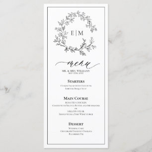 White Black Leafy Crest Monogram Weddenschap Menu
