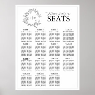 White Black Leafy Crest Monogram Weddenschap Poster
