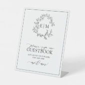 White Black Leafy Crest Monogram Weddenschap Reclamebord Met Voetstuk (Voorkant)
