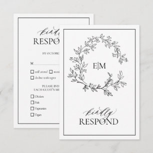 White Black Leafy Crest Monogram Weddenschap RSVP- RSVP Kaartje