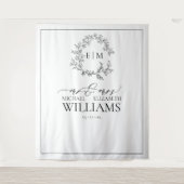 White Black Leafy Crest Monogram Weddenschap Wandkleed (Voorkant)
