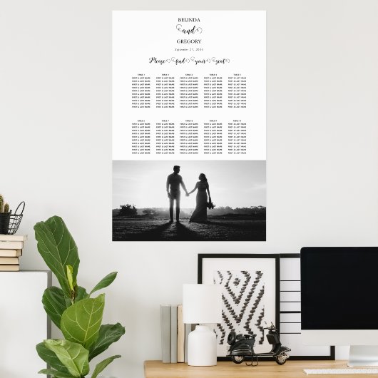 White & Black Script Photo Wedding Seining Chart Poster (Thuiskantoor)