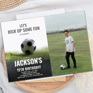 White Black Soccer Birthday Invitations w foto Kaart