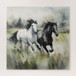 White Black Wild Horses Waterverf Legpuzzel