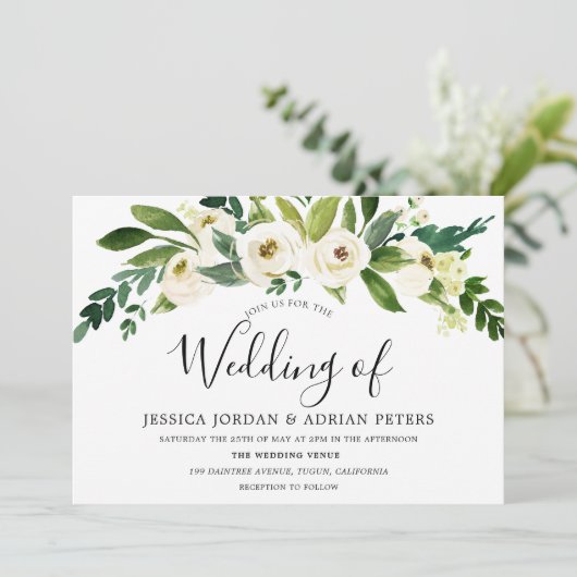 White Bloom Floral Greenery Wedding Invitation Kaart (Staand voorkant)