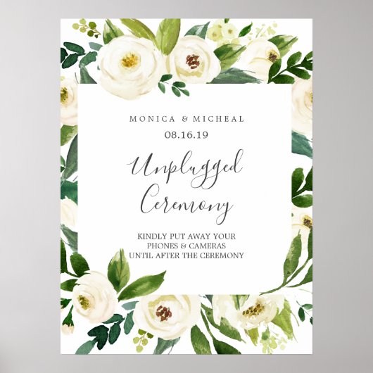 White Bloom Square Unplugged Wedding Ceremony Sign Poster (Voorkant)