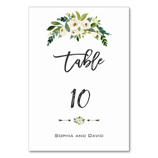 White Blooming Floral Handscripting Table Number Kaart (Voorkant)