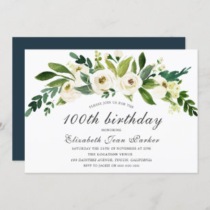 White Blooming Flower 100th Birthday Party Invite Kaart