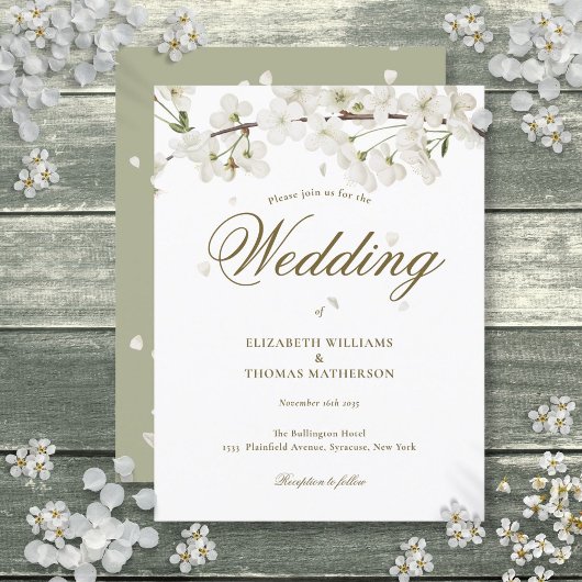 White Blossom Bloemen Goud Script Bruiloft Uitnodiging Briefkaart