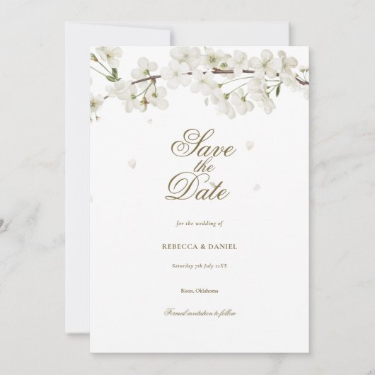 White Blossom Floral Save the Date (Voorkant)