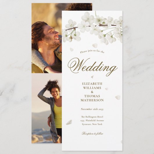 White Blossom Gold Script 2 Photo Wedding Kaart (Voorkant / Achterkant)