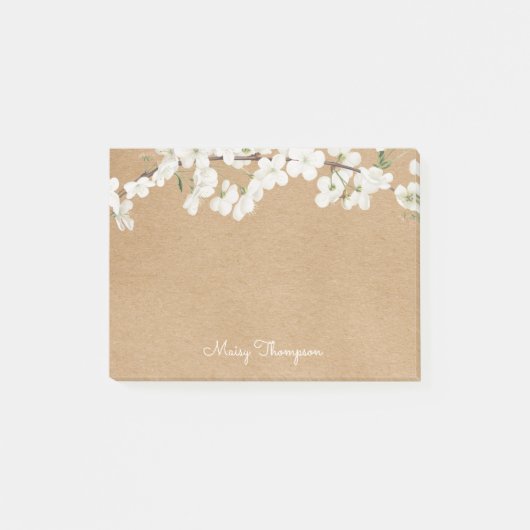 White Blossom Rustic Kraft Script Naam Post-it® Notes (Voorkant)