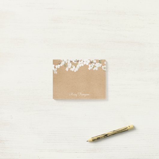White Blossom Rustic Kraft Script Naam Post-it® Notes (Op bureau)