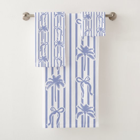 White Blue Coastal Palm Trees Bows Stripes Pattern (En situation)