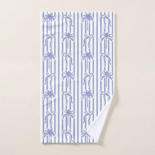 White Blue Coastal Palm Trees Bows Stripes Pattern (Serviette à main)