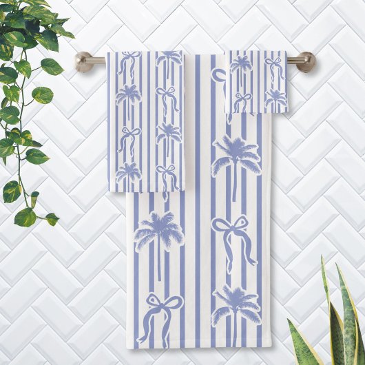 White Blue Coastal Palm Trees Bows Stripes Pattern Bad Handdoek