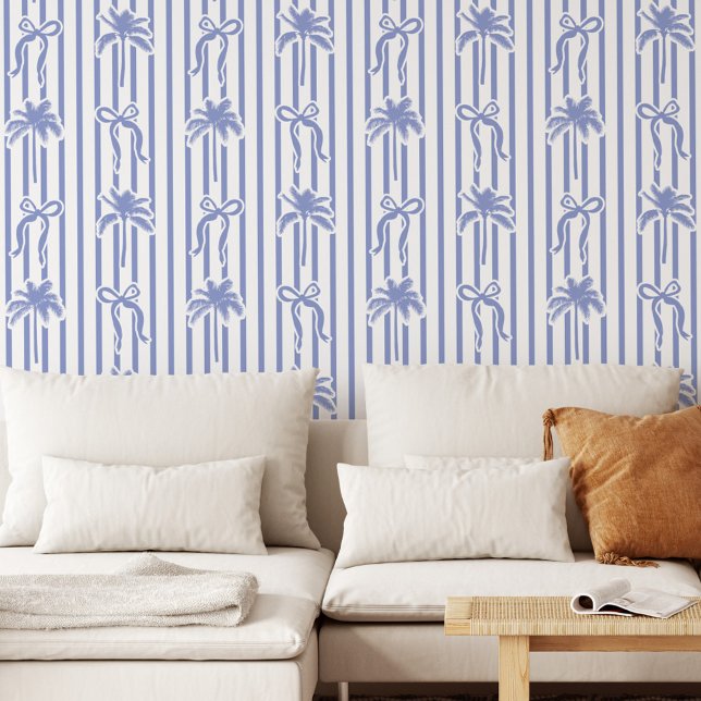 White Blue Coastal Palm Trees Bows Stripes Pattern Behang (In situ)