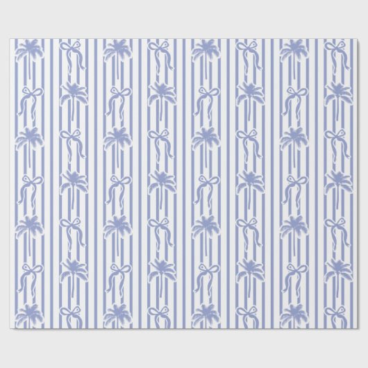 White Blue Coastal Palm Trees Bows Stripes Pattern Cadeaupapier (Vlak)