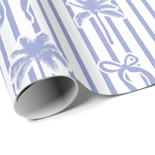 White Blue Coastal Palm Trees Bows Stripes Pattern Cadeaupapier (Rol Hoek)