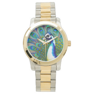 White blue en Green Piebald Peacock Horloge