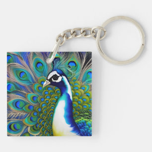 White blue en Green Piebald Peacock Sleutelhanger